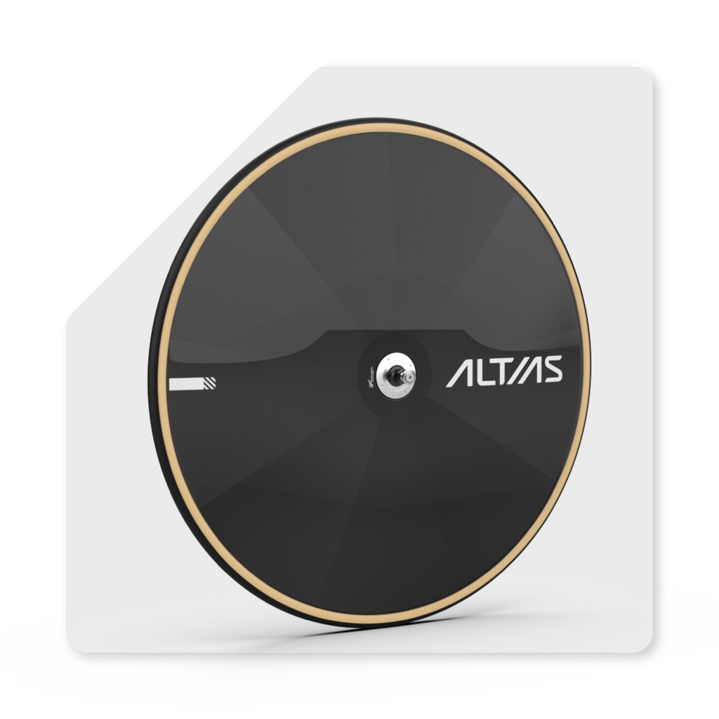 A black circular disc with a tan tyre and a silver center, shown at an angle on a white background with a gray shadow. The word 'ALTIAS' is printed in white on the right side of the disc.