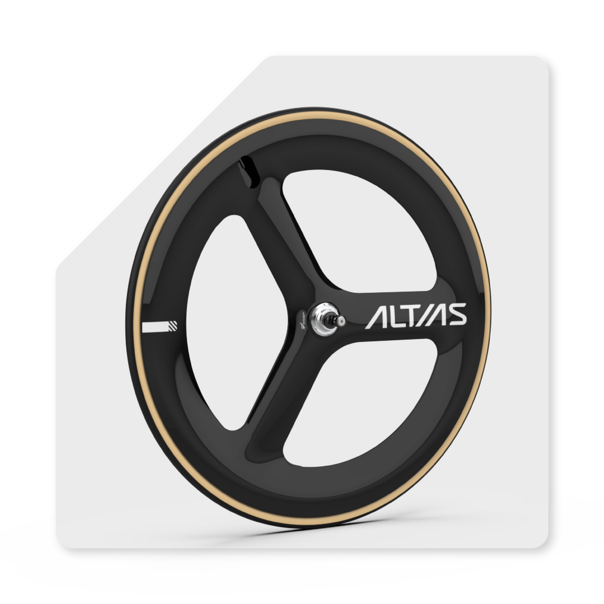 A single 3 spoke bicycle wheel shown on a clean white background with a subtle shadow. The wheel is predominantly black with a thin tan/beige tyre stripe and the brand name 'ALTIAS' printed in white on the center hub.