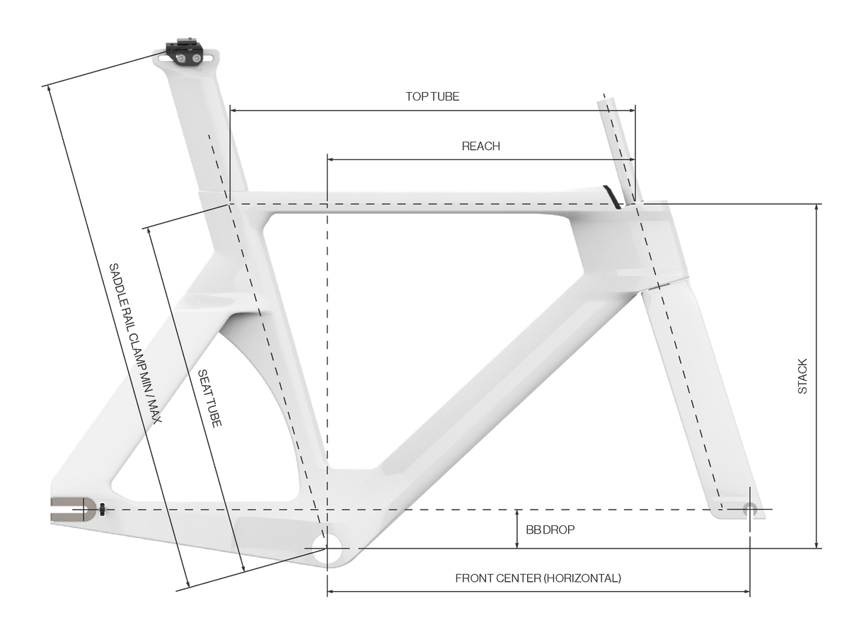 A white bicycle frame schematic diagram with measurement labels including top tube length, reach, stack, seat tube angle, and front center horizontal, shown on a light gray background.