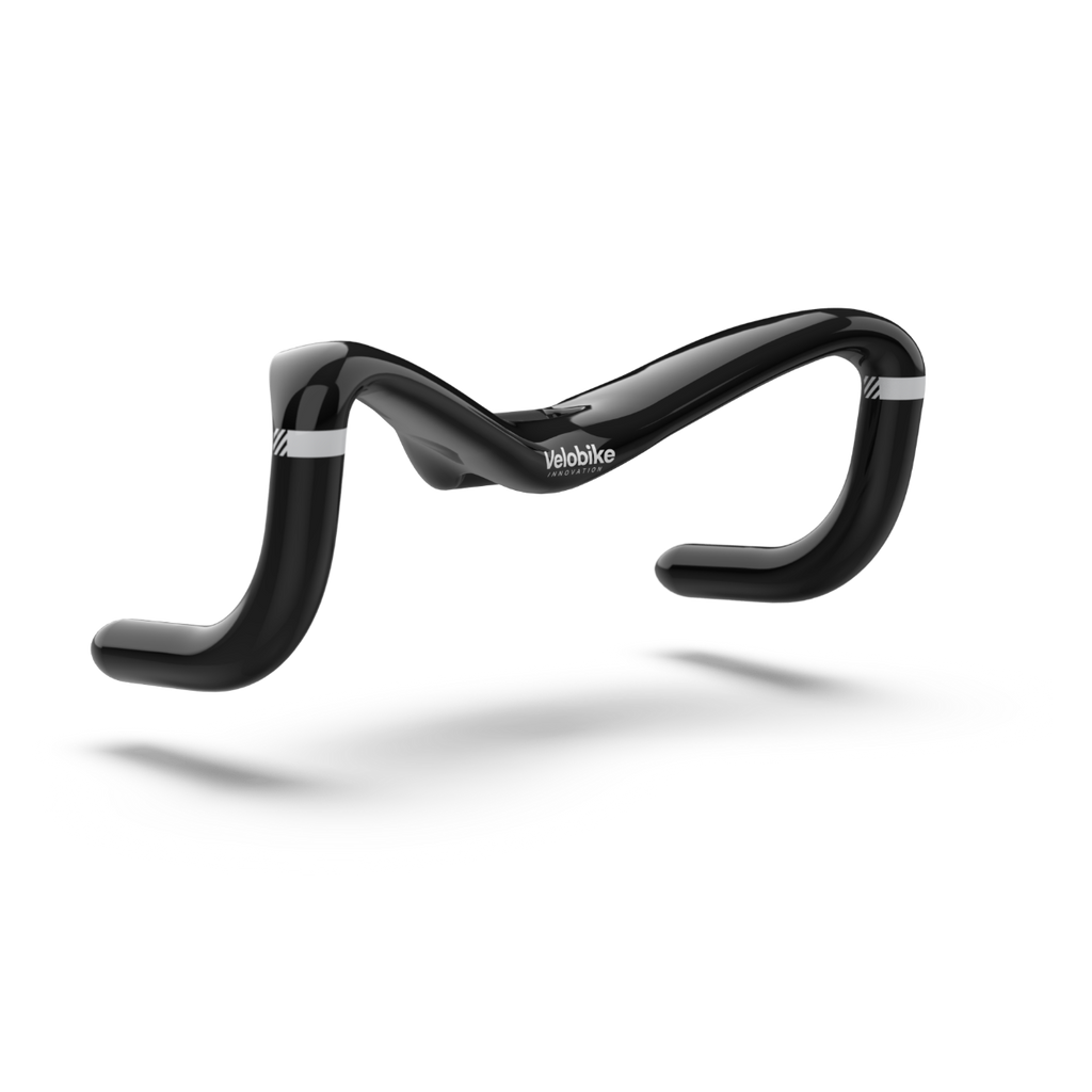Black bicycle handlebar with 'Velobike' branding on a white background